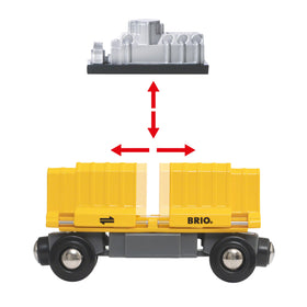 BRIO train with sliding yellow cargo wagon door revealing engine