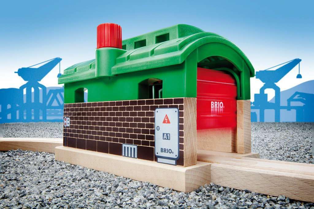 Wooden construction and bright finish of the BRIO Train Garage