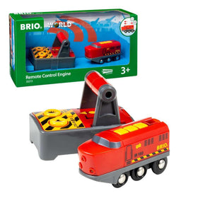 BRIO 33213 remote control engine on wooden tracks offering imaginative play and precise control.