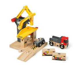 BRIO World magnetic crane demonstrates precise loading during pretend shipments