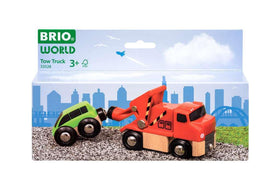 BRIO tow truck side view showing green cabin and beech wood build