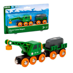 BRIO World 33698 Clever Crane Wagon in action with magnetic cargo for imaginative play.