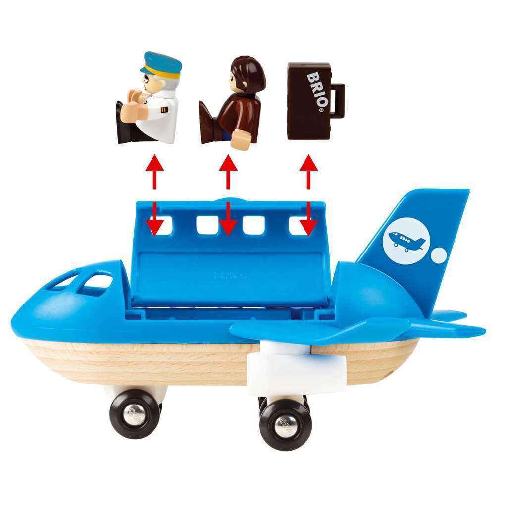 BRIO airplane connected to BRIO railway toys for expanded play possibilities.