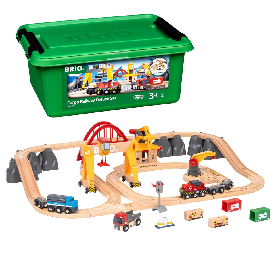 BRIO World Cargo Railway Deluxe battery-powered engine for interactive play and storytelling.