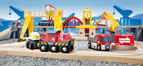 BRIO World Cargo Railway Deluxe cranes enabling realistic loading action and scene variety.