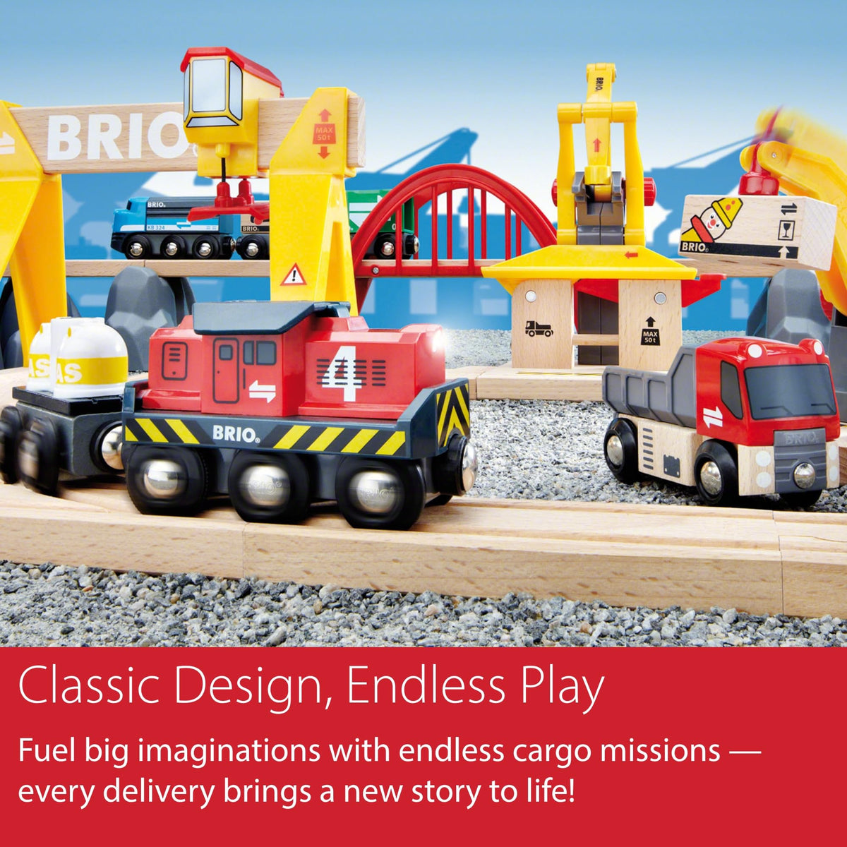 BRIO World Cargo Railway Deluxe wooden tracks support durable, expandable railways.
