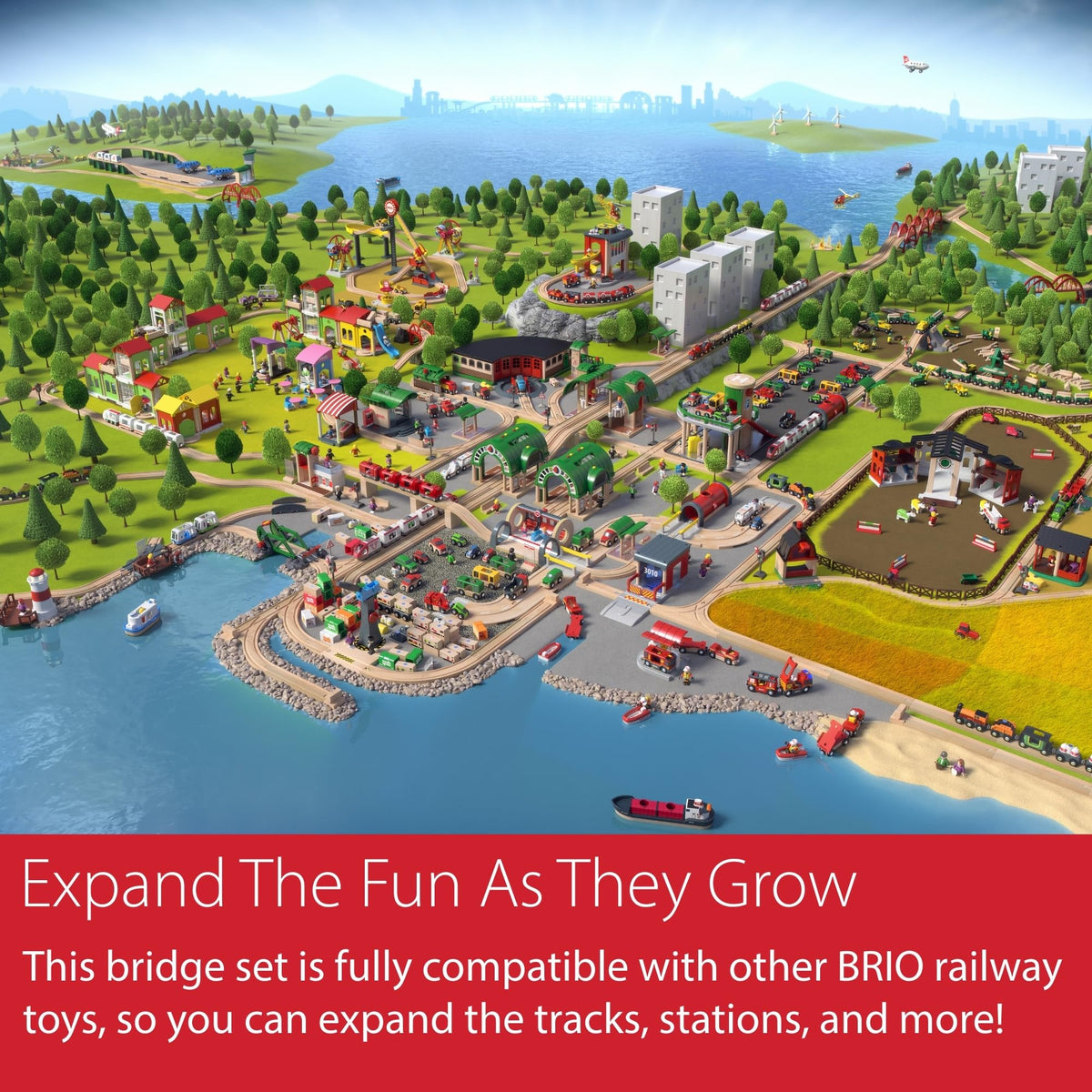 Child playing with BRIO bridge, engaging in trains and storytelling during playtime.