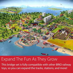 Child playing with BRIO bridge, engaging in trains and storytelling during playtime.