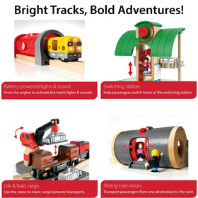 Brio World Deluxe Railway Set freight train at a harbor crane supports construction-themed play.