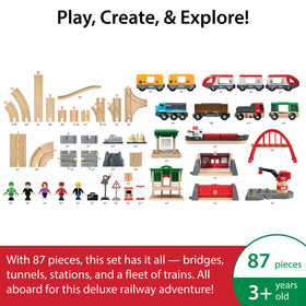 Brio World Deluxe Railway Set passenger train near a station encourages pretend travel and role play.