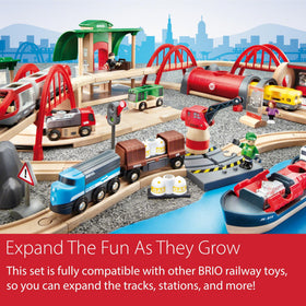Brio World Deluxe Railway Set scenic trestle bridges and cliffs for dynamic layouts.