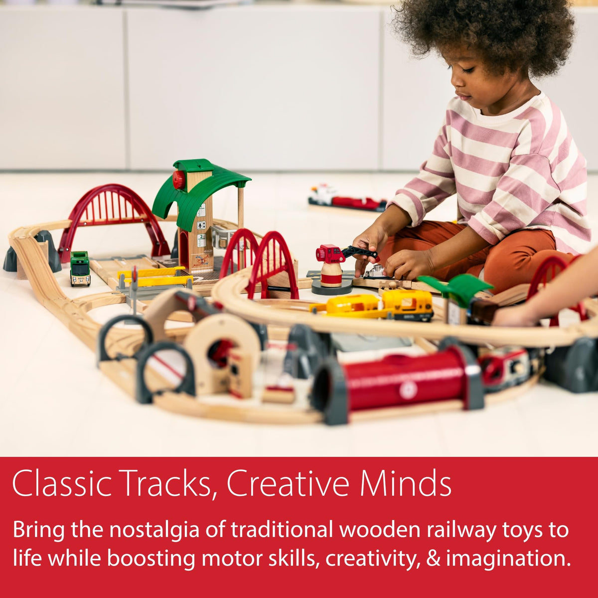 Brio World Deluxe Railway Set two-story station with lift enhances fine motor play and assembly.