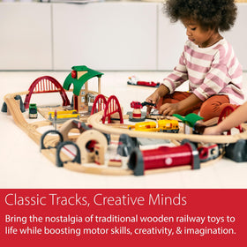 Brio World Deluxe Railway Set two-story station with lift enhances fine motor play and assembly.