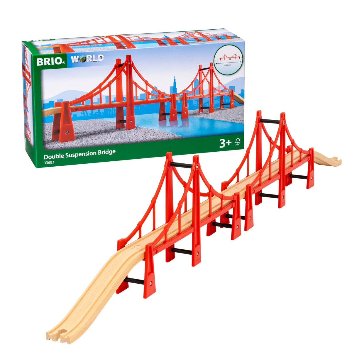 BRIO World Double Suspension Bridge showing the longest wooden bridge design for imaginative play.