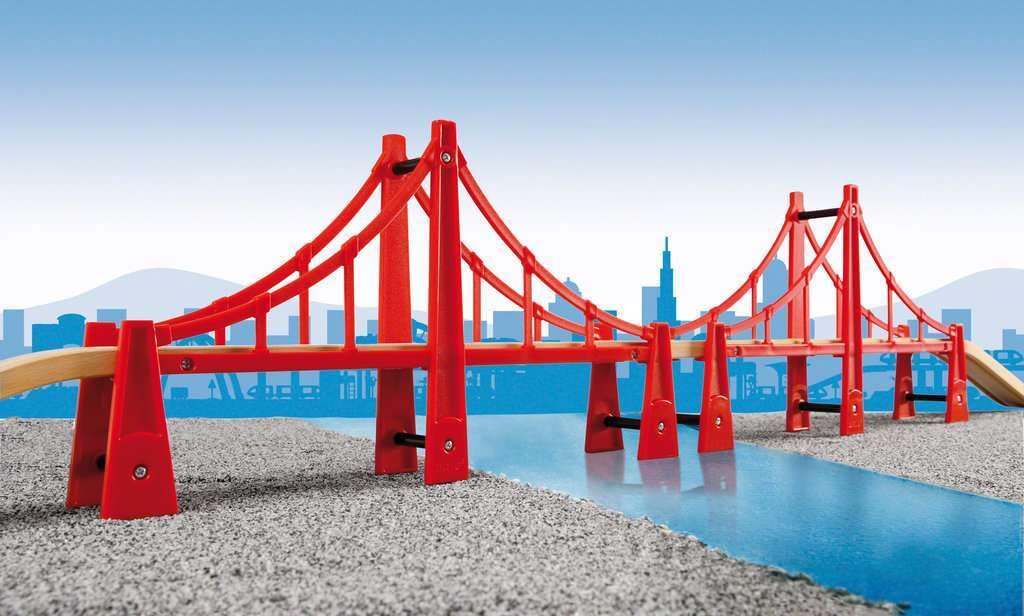 BRIO World bridge setup with two bridges expanding track layouts for creativity.