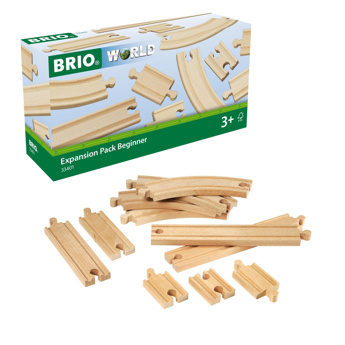 BRIO World Beginner expansion 11-piece track set laid out for versatile play and joining.