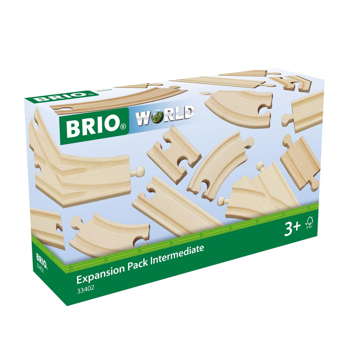 BRIO World Expansion Intermediate tracks layout showing 16-piece wooden rails for expanding play