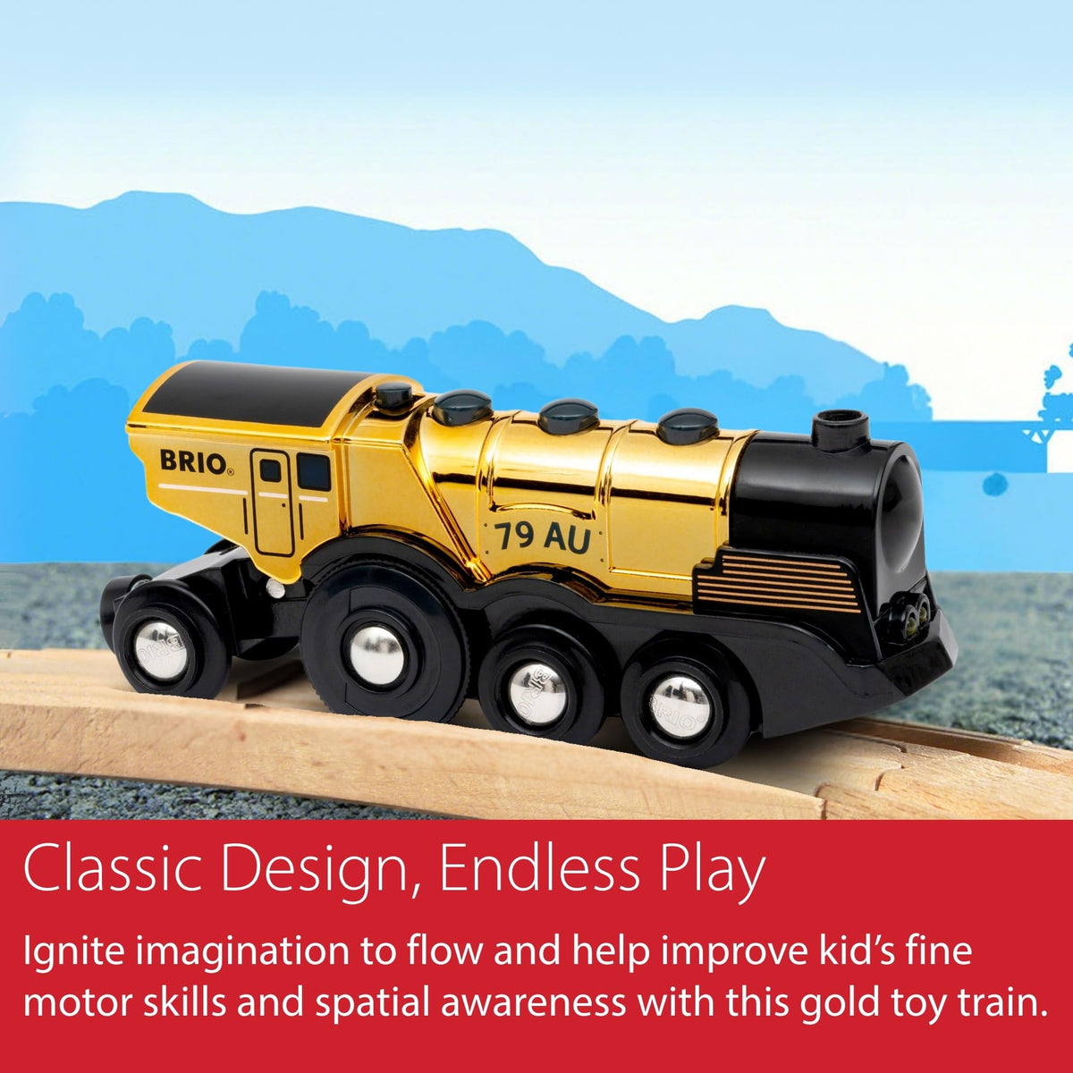 BRIO Mighty Golden Action Locomotive built from FSC-certified wood supports sustainable choices.