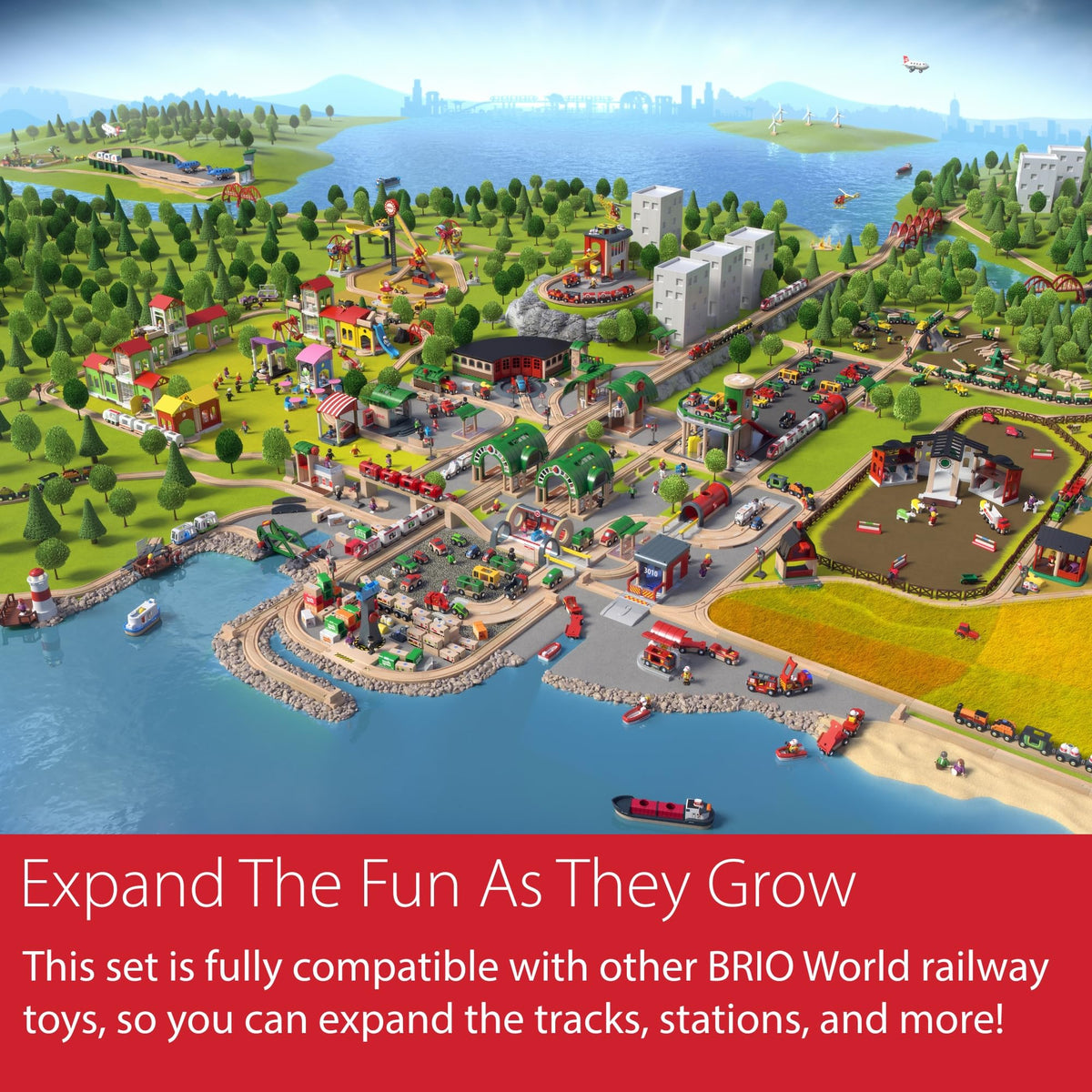 BRIO World Lift and Load child playing with a BRIO wooden train set