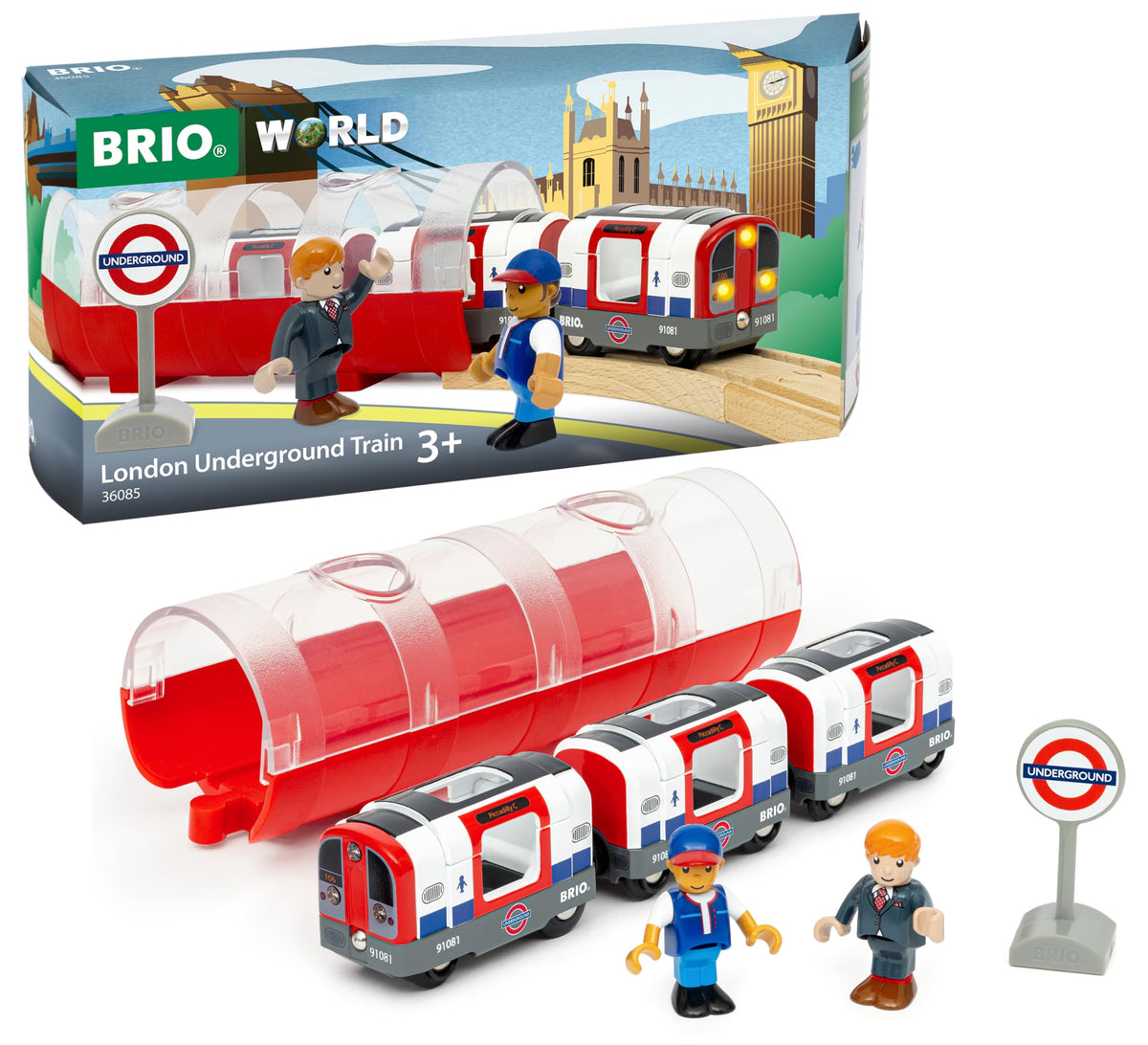 BRIO World London Underground train front view for imaginative play and storytelling.
