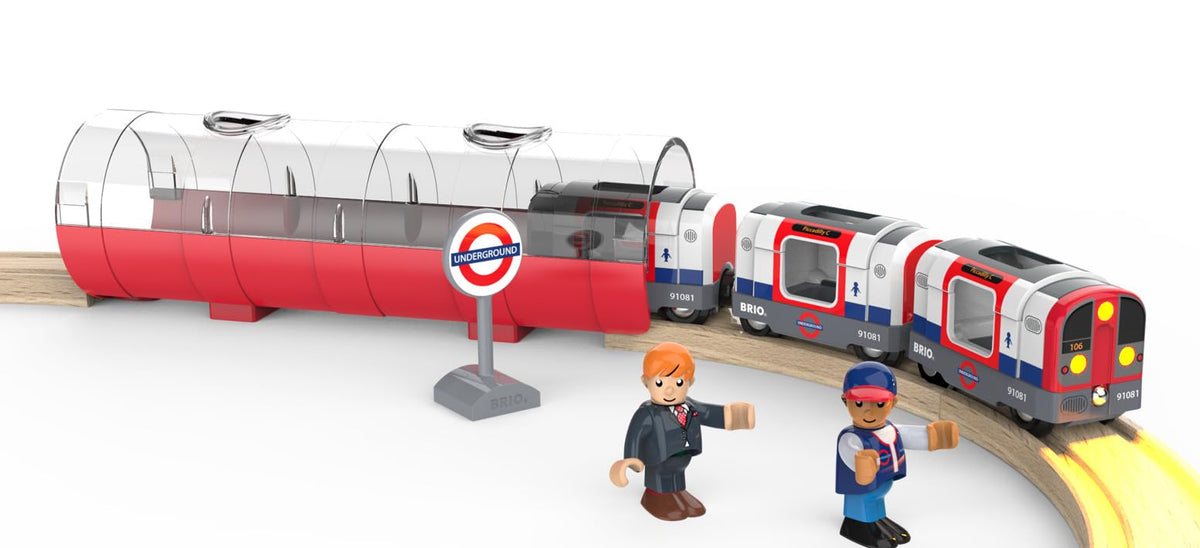 BRIO World London Underground train side view highlighting interactive lights and sounds.