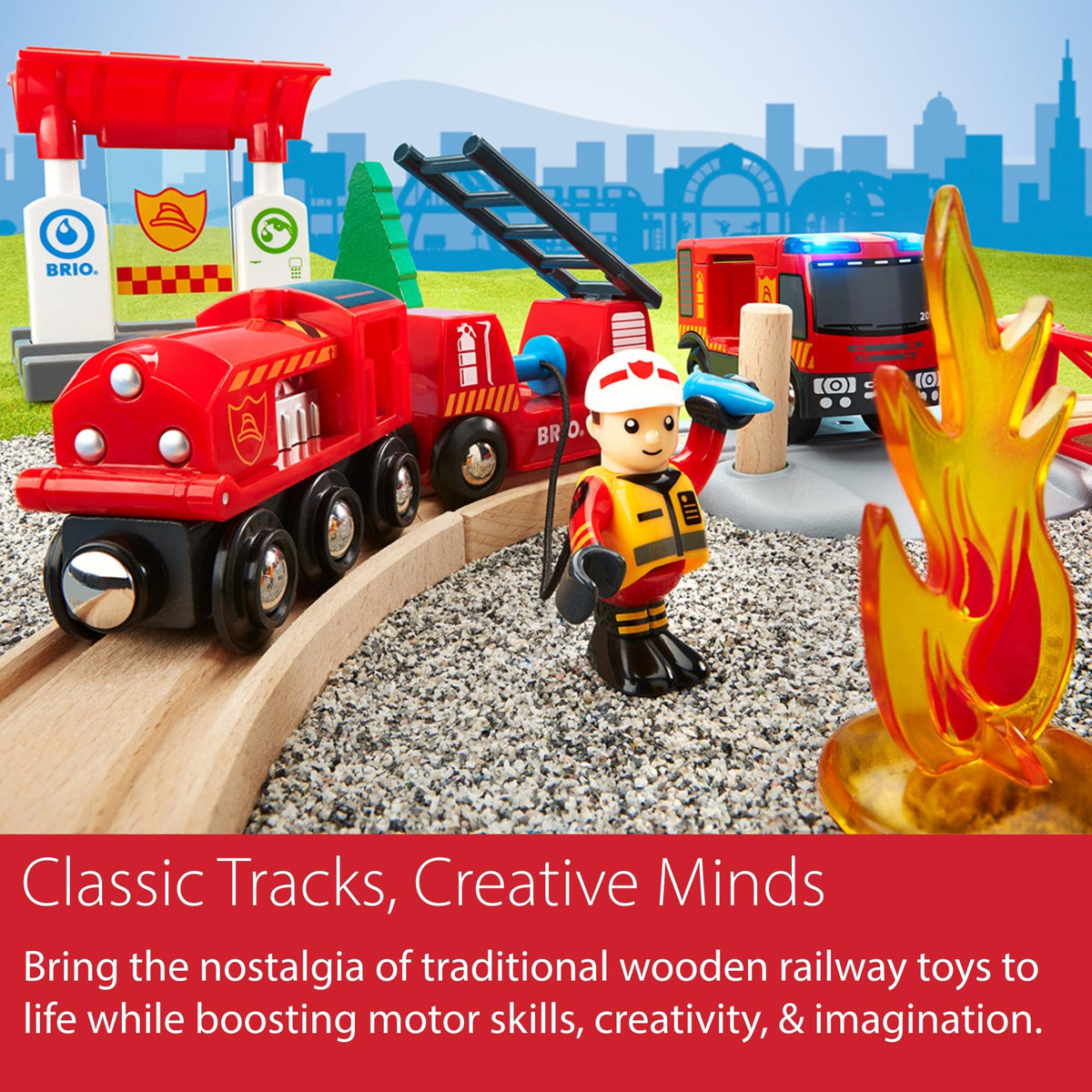 BRIO set of 18 pieces offers versatile firefighting scene building options.