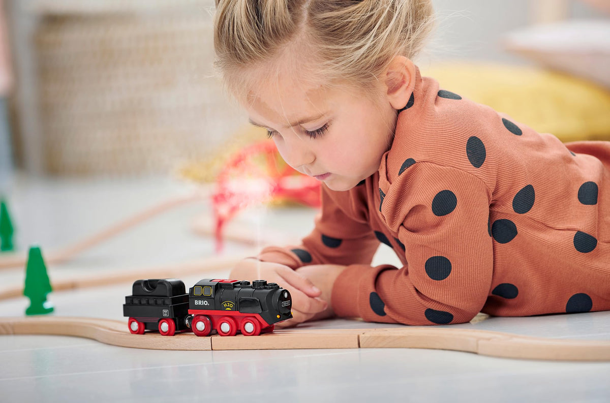 BRIO World steaming train highlights magnetic connections for easy linking