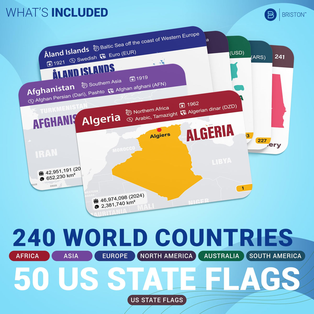 Briston Flags, Capitals and Currencies card highlights key facts for easy review.