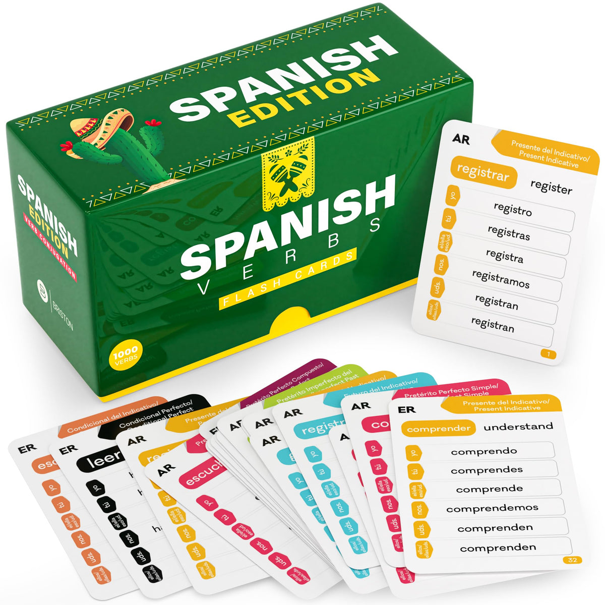 Briston Spanish conjugation cards highlighting nine tenses for quick reference