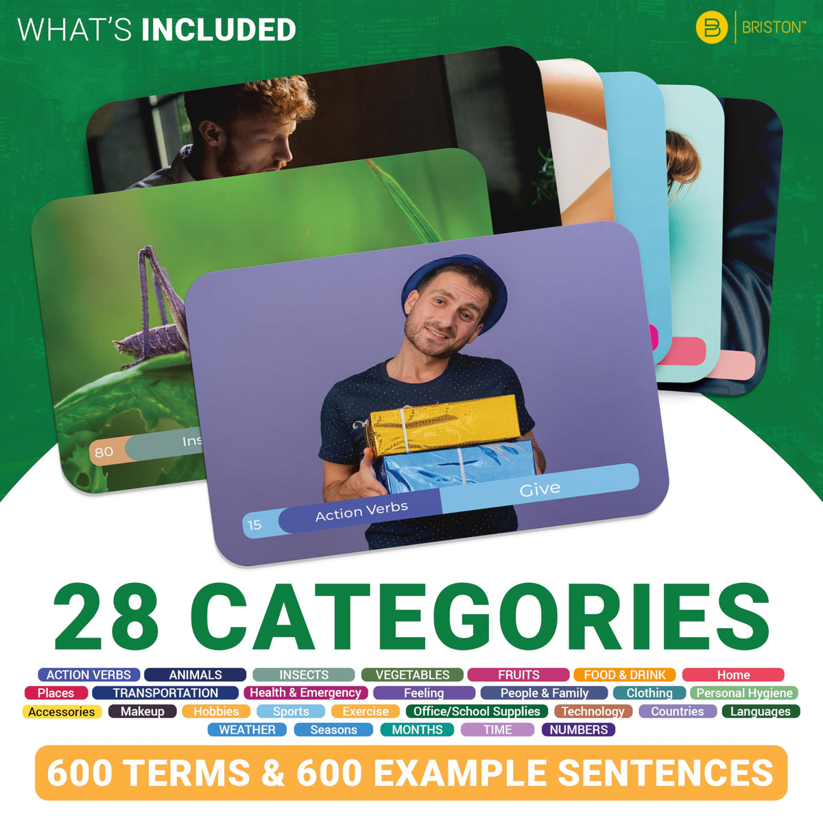 Briston Spanish flash cards color-coded design aids quick recognition.