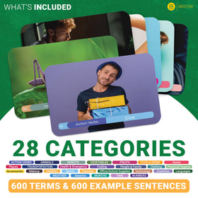 Briston Spanish flash cards color-coded design aids quick recognition.