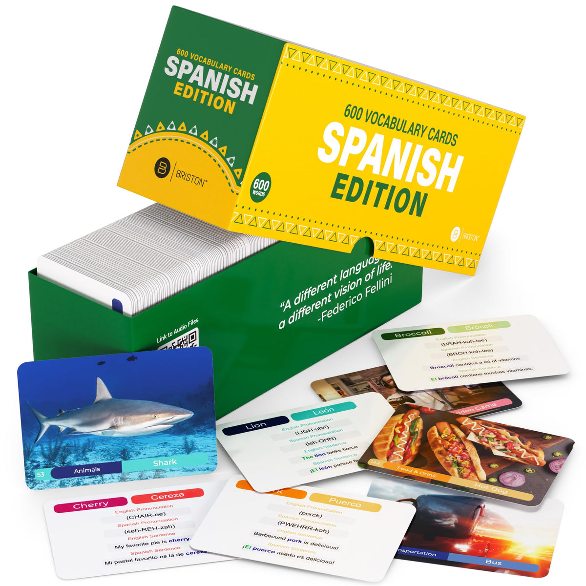 Briston Spanish flash cards cover showing 600 English-Spanish words for quick vocabulary recall.