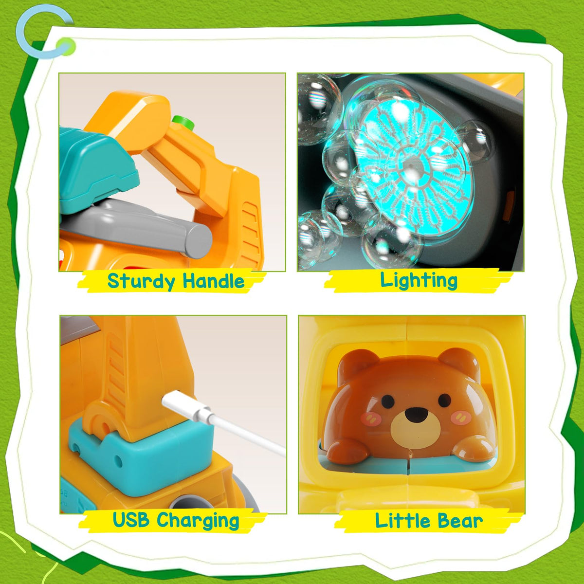 Britik bubble machine truck USB charging label emphasizes easy recharging.