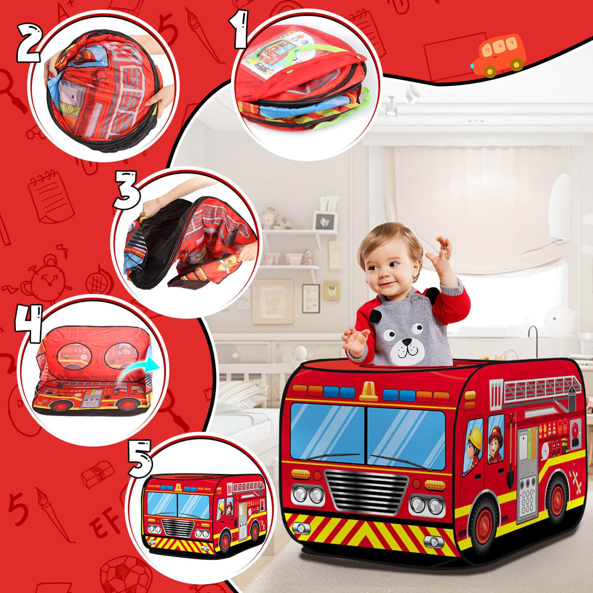 Britik fire truck tent open door for easy access during play