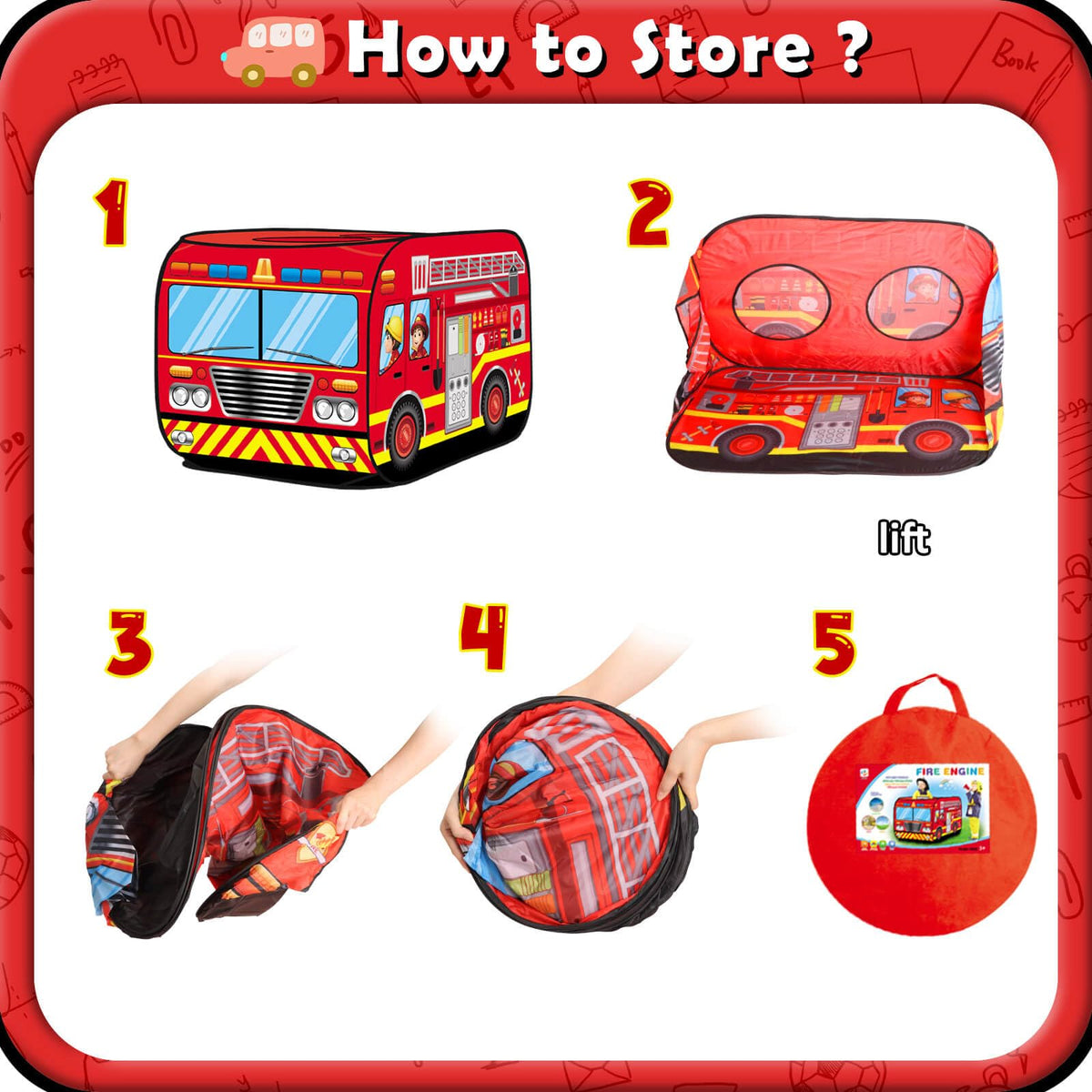 Britik fire truck tent storage bag for portability and packing