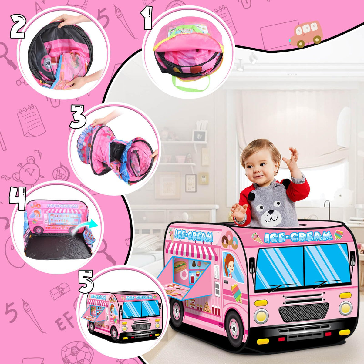 Britik Ice Cream Playhouse durable fabric with safe roll-up door for kids.
