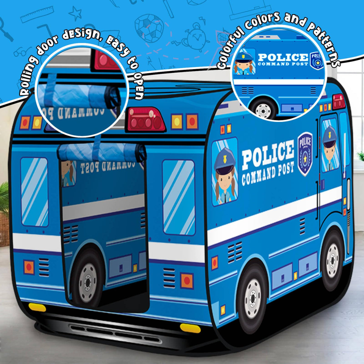 Britik Police Car Play Tent back view showing sturdy construction