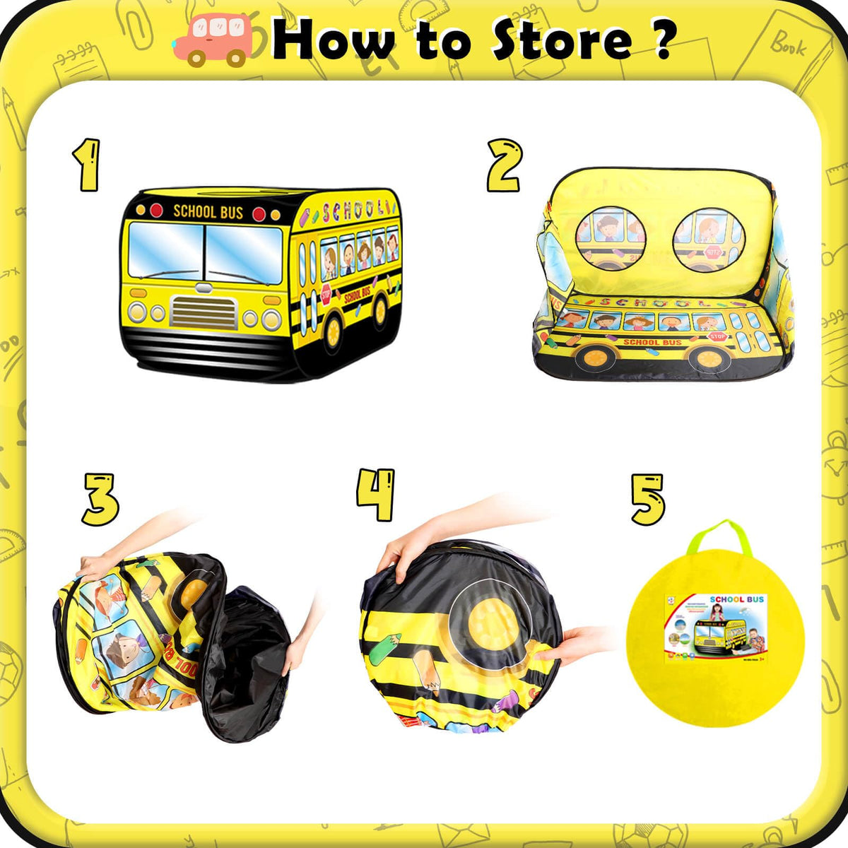 Britik pop-up school bus tent folded with storage bag for travel.