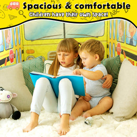 Britik pop-up school bus tent with kids reading and napping inside.