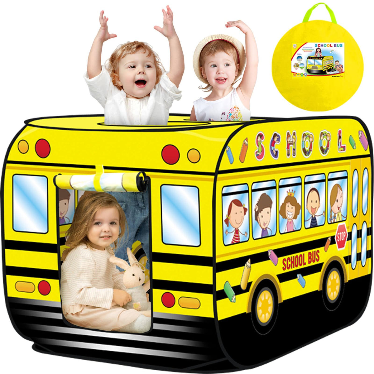 Britik pop-up school bus tent, front view for imaginative play sessions.