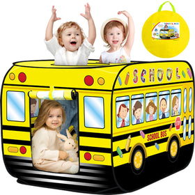 Britik pop-up school bus tent, front view for imaginative play sessions.