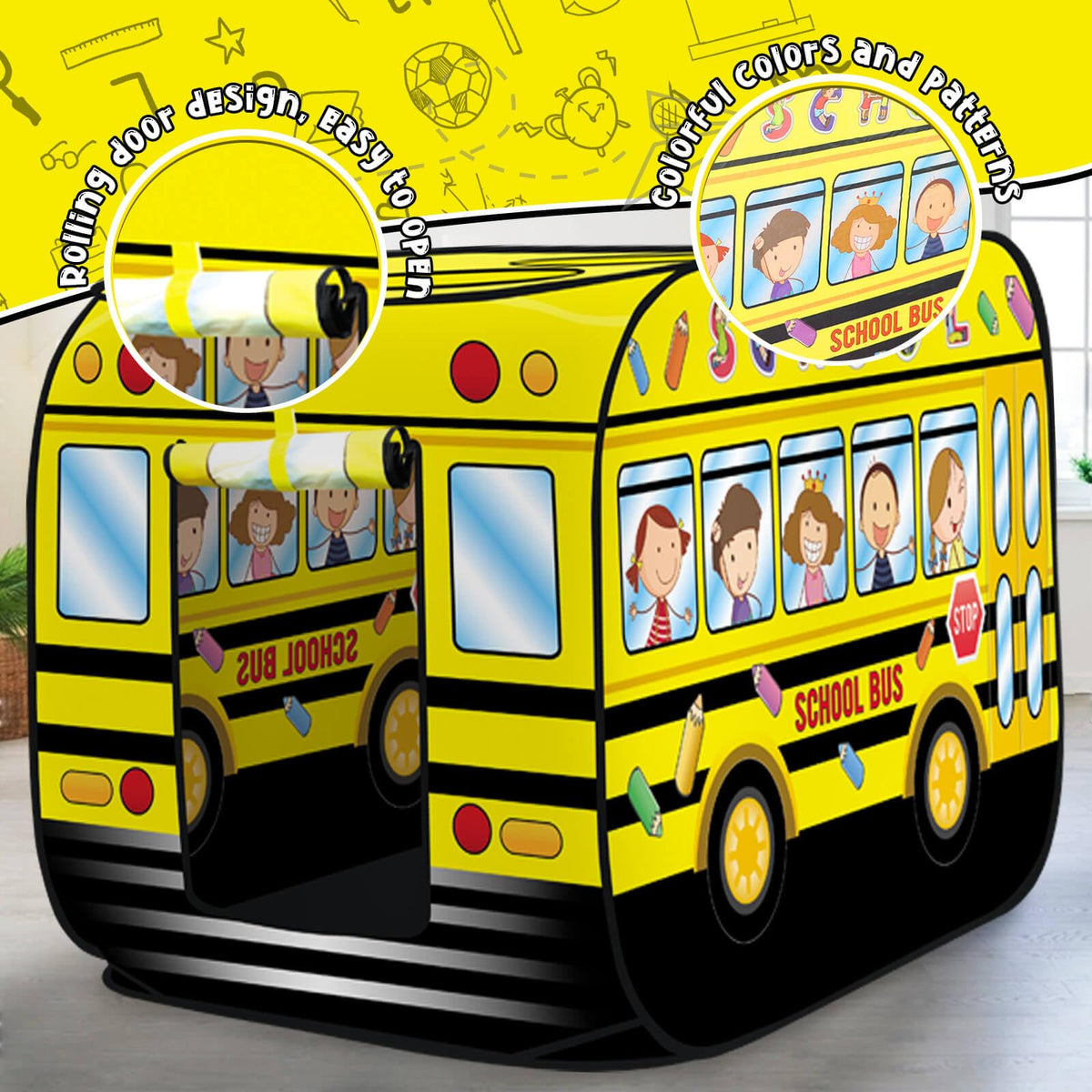 Britik pop-up school bus tent top opening great for basket games.