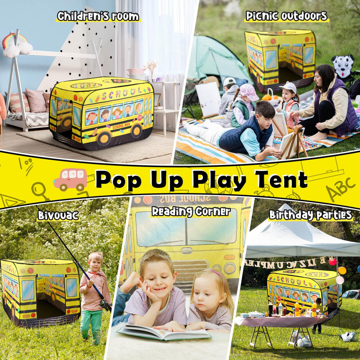Britik pop-up school bus tent windows providing breathable play area.