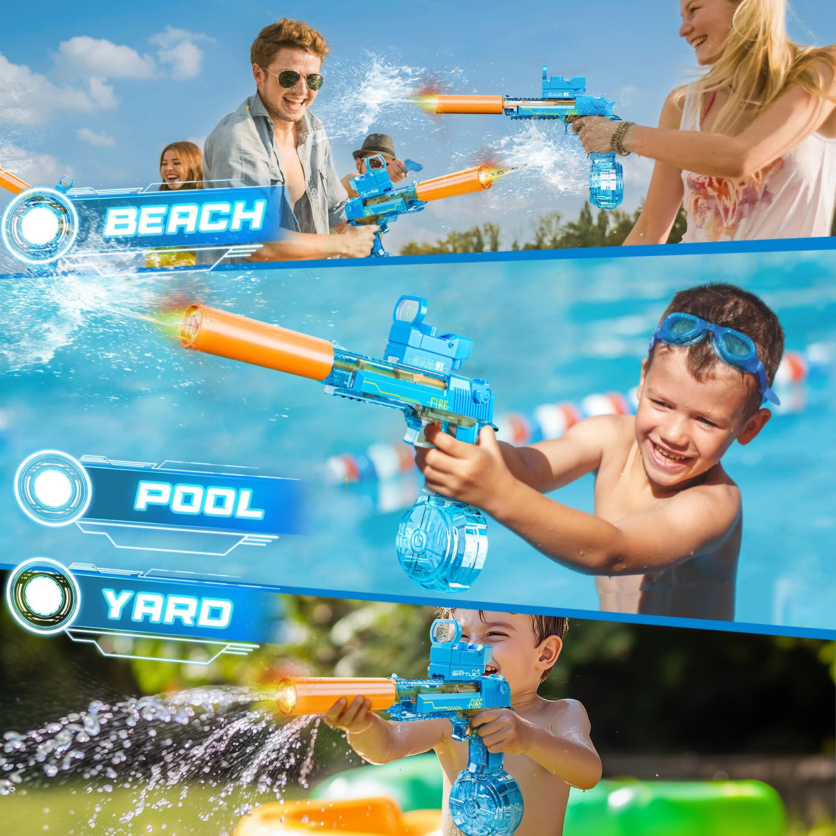 Britik water gun powered by a 1200mAh battery for longer sessions outdoors.
