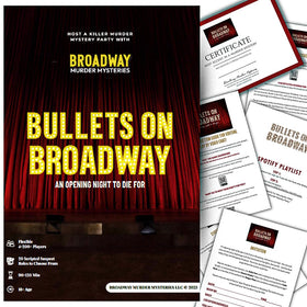 Broadway Murder Mysteries Bullets on Broadway cover image inviting an unforgettable party night