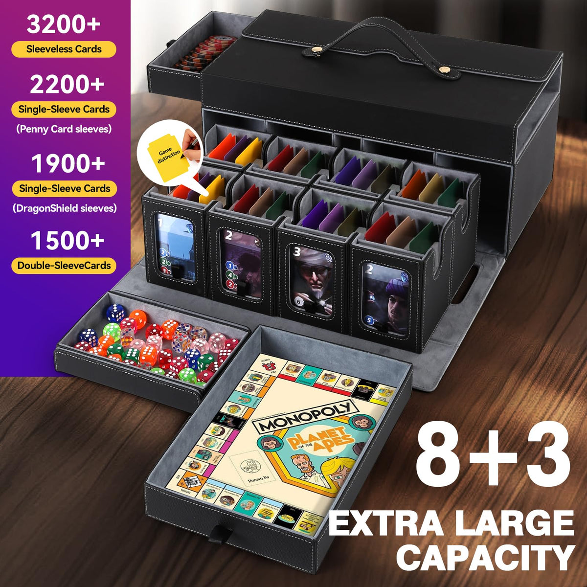 Brobear deck box showing three dice trays for organized gameplay.