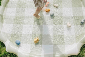 Brooklyn Neutral gingham design blends with any backyard aesthetic