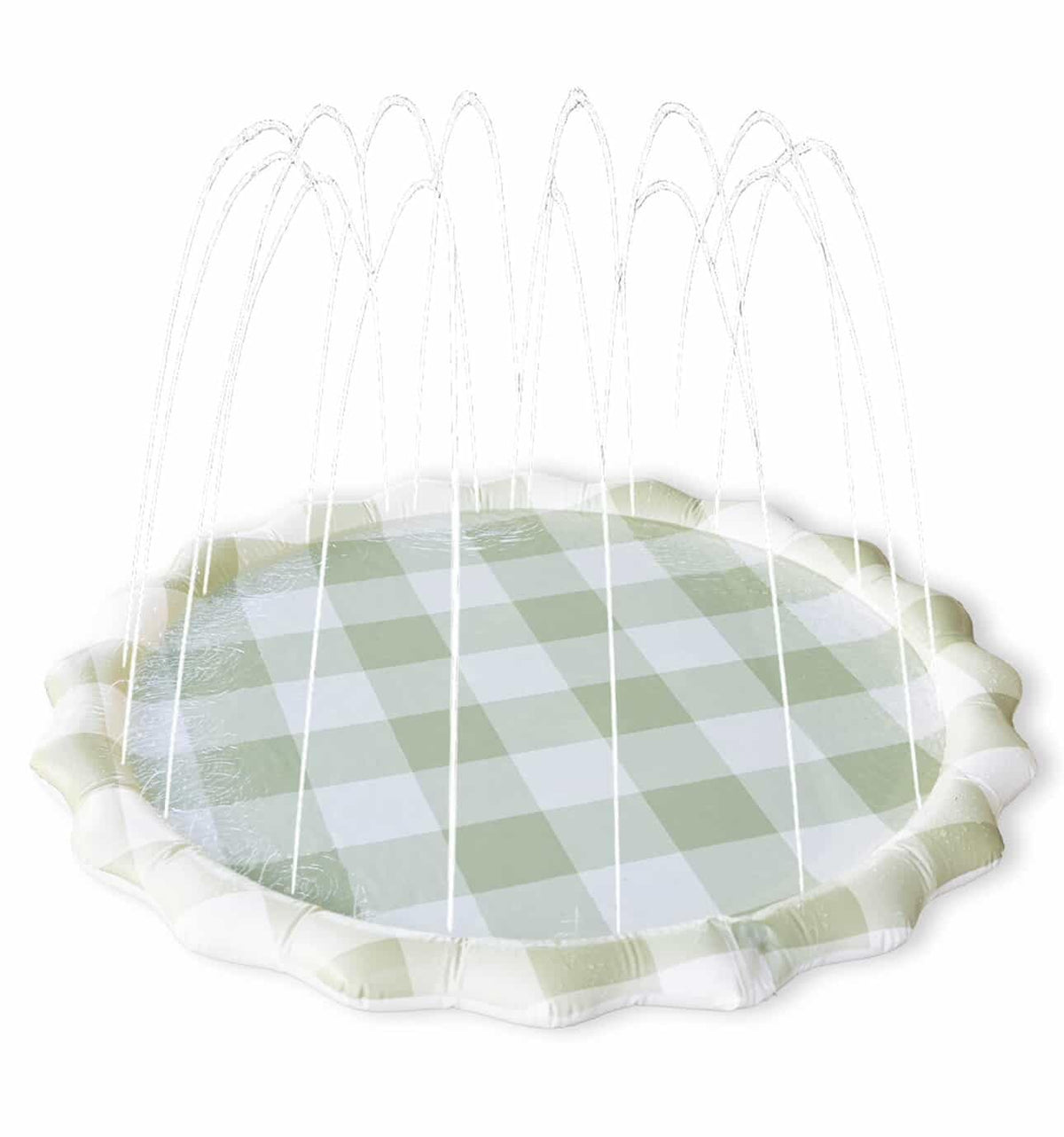 Brooklyn Neutral gingham splash pad outdoors enables active backyard water play for kids
