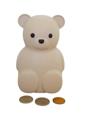 Brooklyn Neutral teddy bear coin bank close-up showing durable silicone for kids' daily use