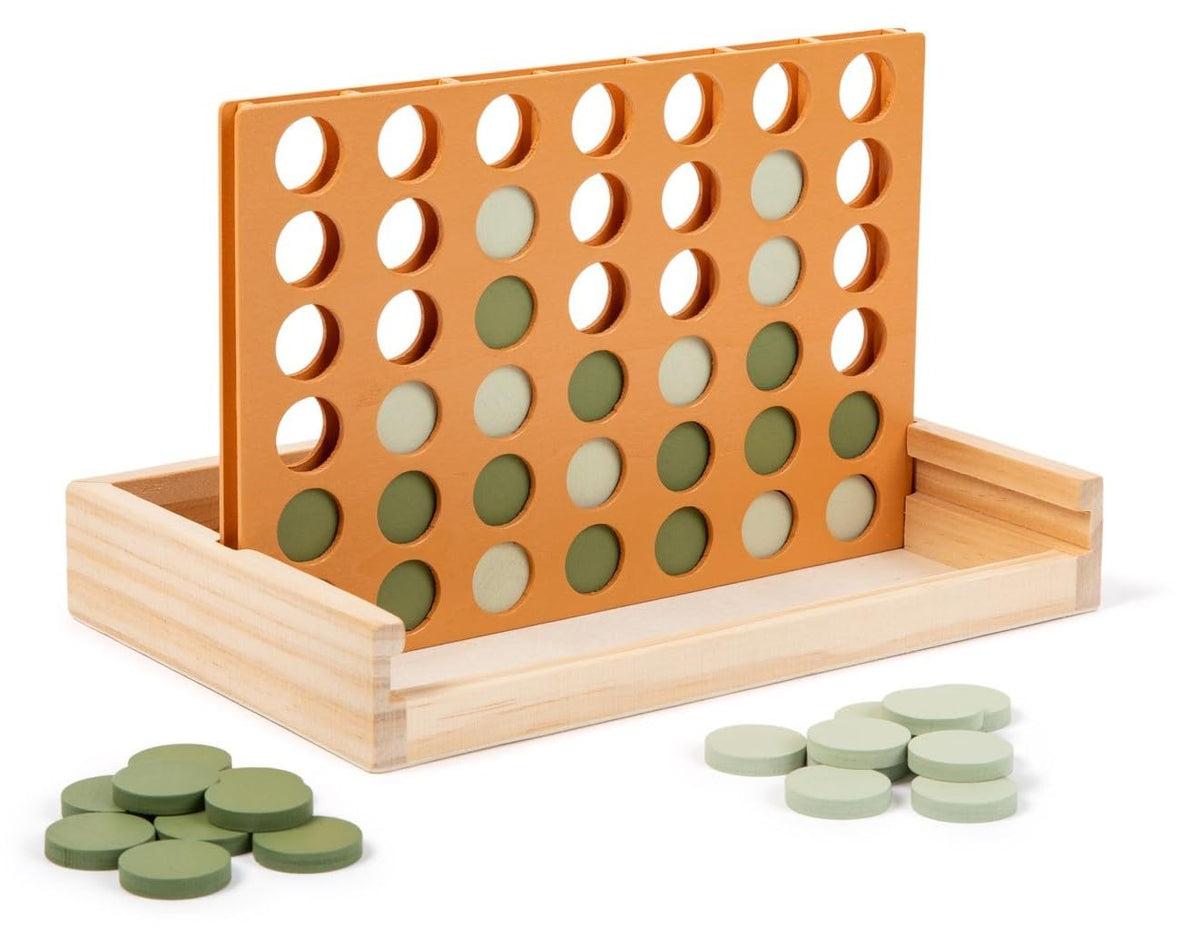Brooklyn Neutral wooden four-in-a-row game on a coffee table, perfect for quick two-player rounds.